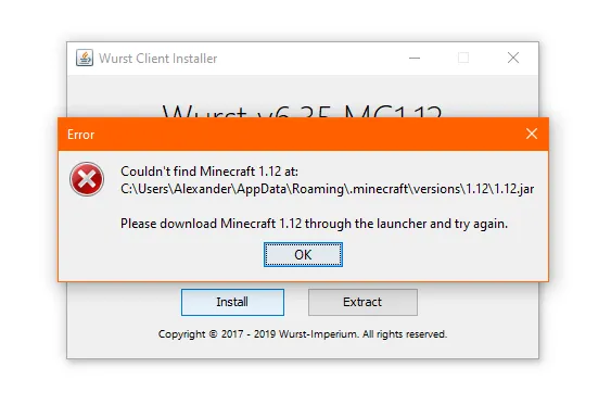 A screenshot of the error message "Couldn't find Minecraft 1.12 at: C:\Users\Alexander\AppData\Roaming\.minecraft\versions\1.12\1.12.jar Please download Minecraft 1.12 through the launcher and try again."