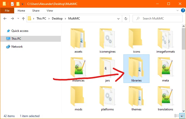 A screenshot of the main MultiMC folder, with an arrow pointing at the 'libraries' folder