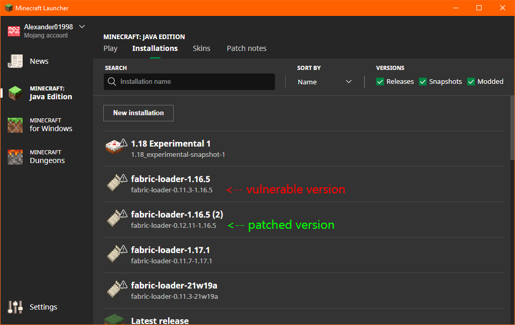 Checking the Fabric Loader version in the official Minecraft launcher