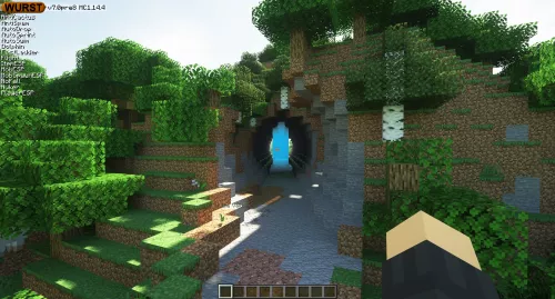 A tunnel created by flying through the terrain with Nuker in creative mode.