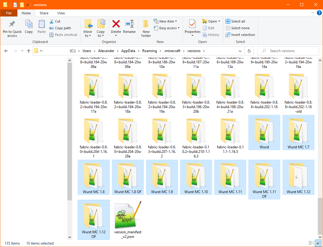 Wurst Client folders in .minecraft/versions folder
